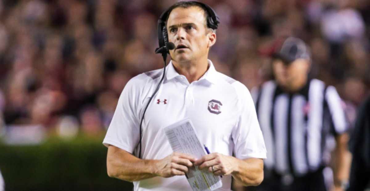 South Carolina Gamecocks head coach Shane Beamer on the sideline during a college football game in the SEC.